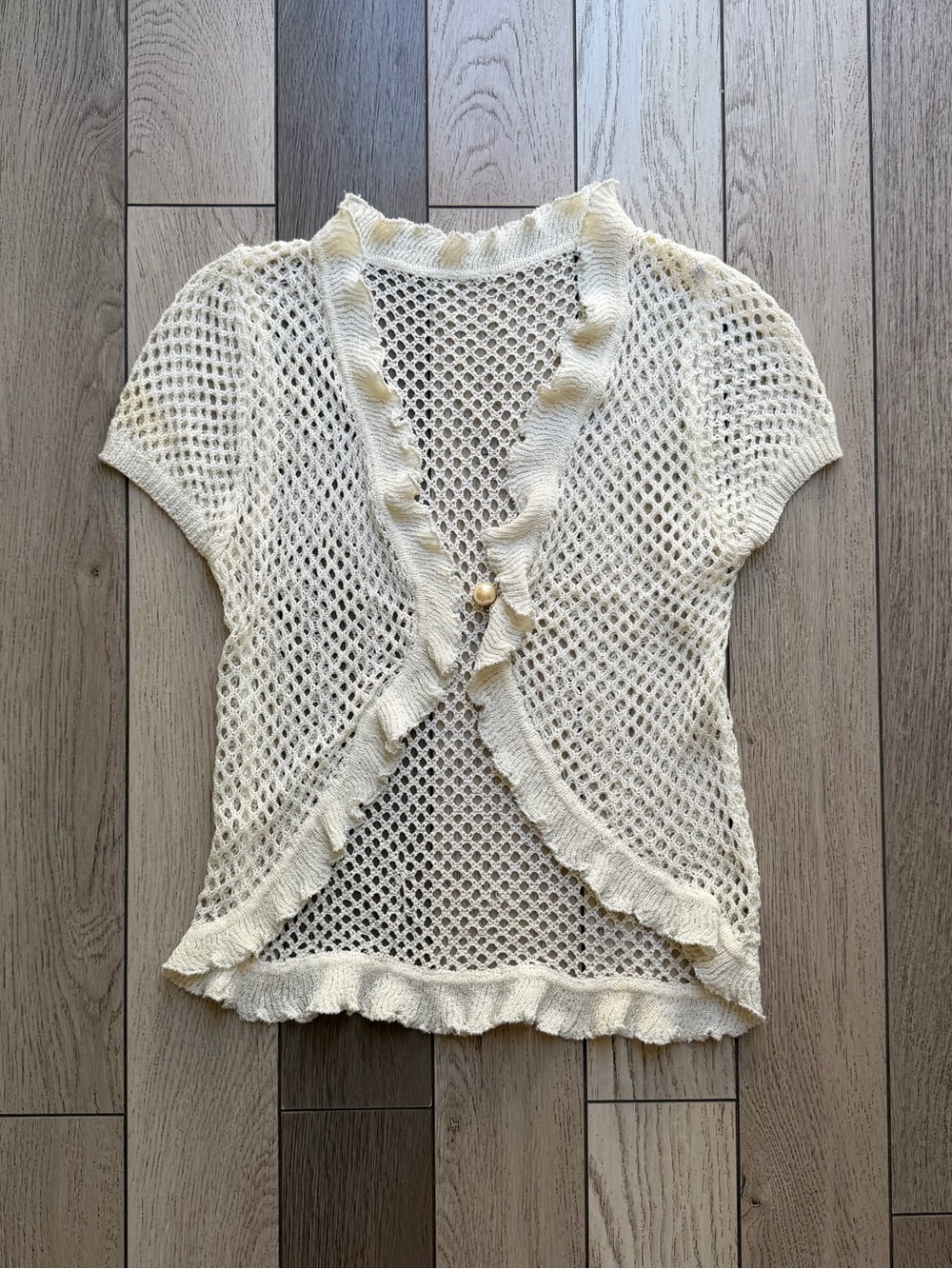 Cream Open-Knit Ruffle Short-Sleeve Sweater Cardigan O/S
